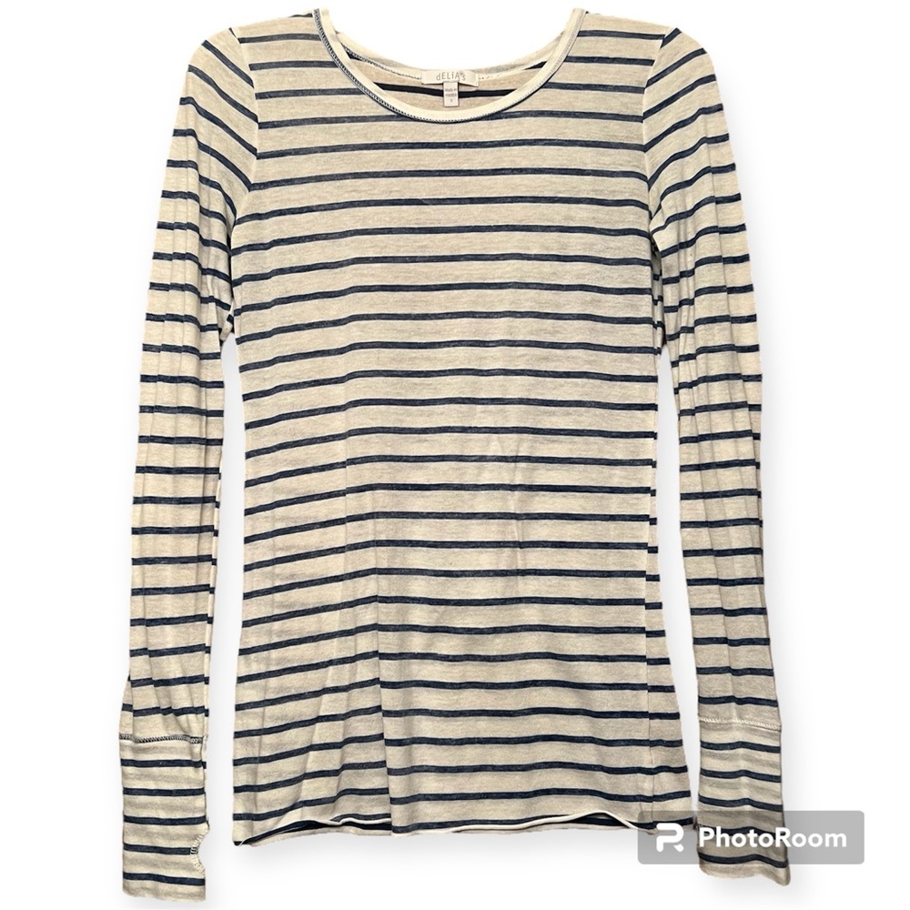 Delia’s White Long Sleeved Top with Blue Stripes and Thumb Cutout